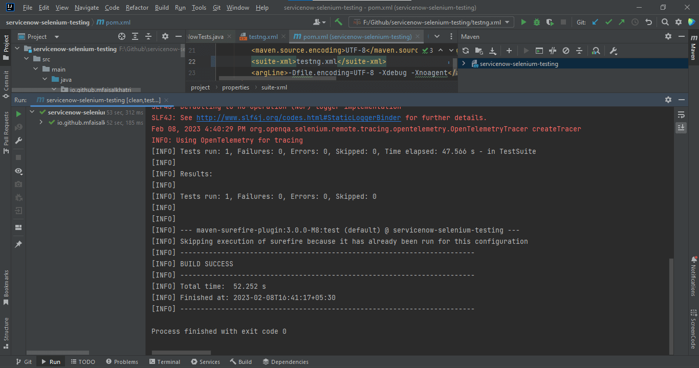 Screenshot of the test results run using Maven