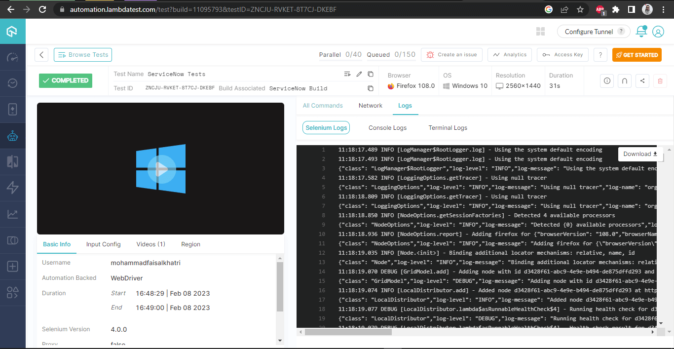 LambdaTest Build Details - Firefox Browser