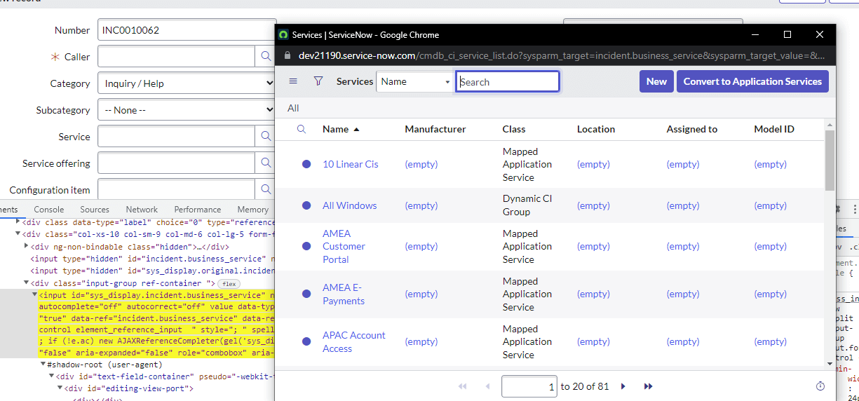 open the Service Search window 