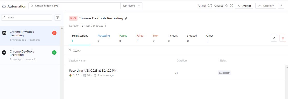 LambdaTest Automation Dashboard lt browser