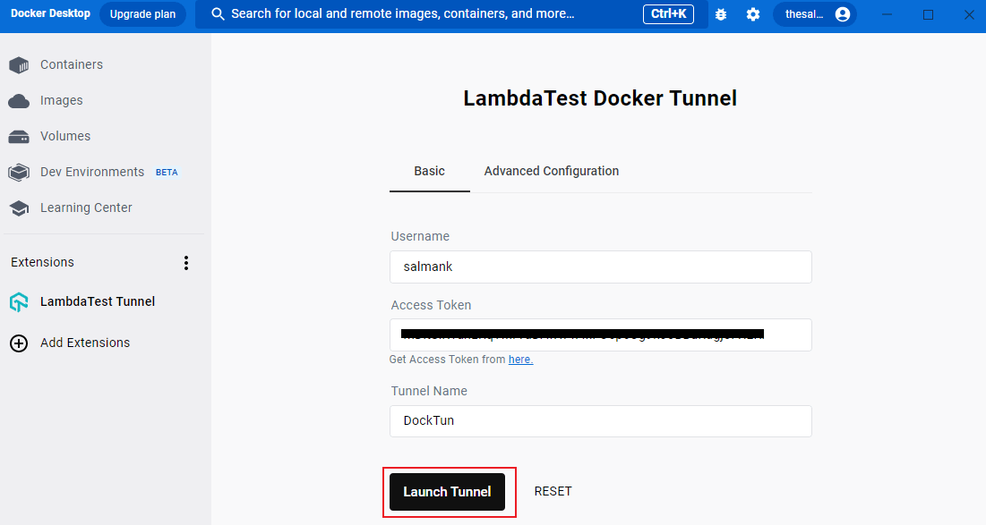 Step 2: Setup the {BrandName} Tunnel Docker Extension