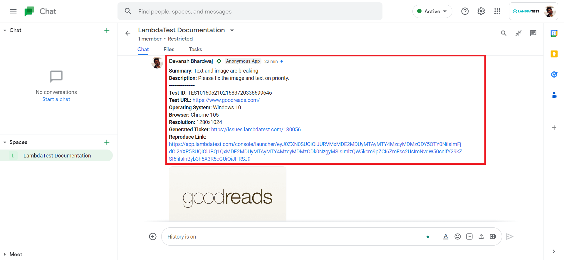 Google Chat and LambdaTest