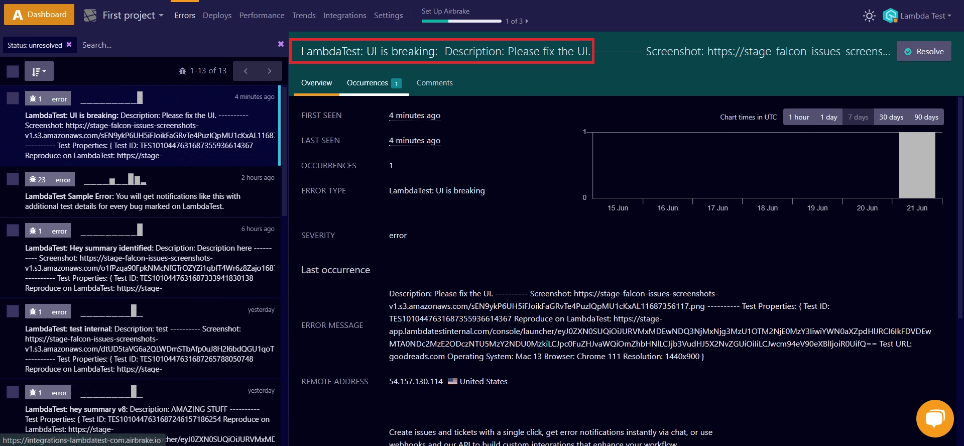 LambdaTest Integration with Airbrake