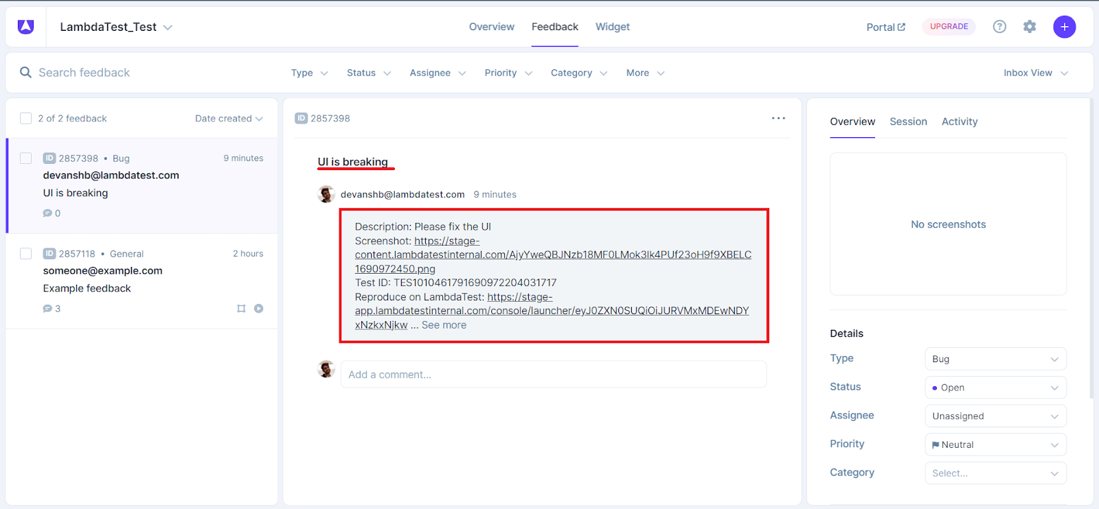 Bugs reported in Userback