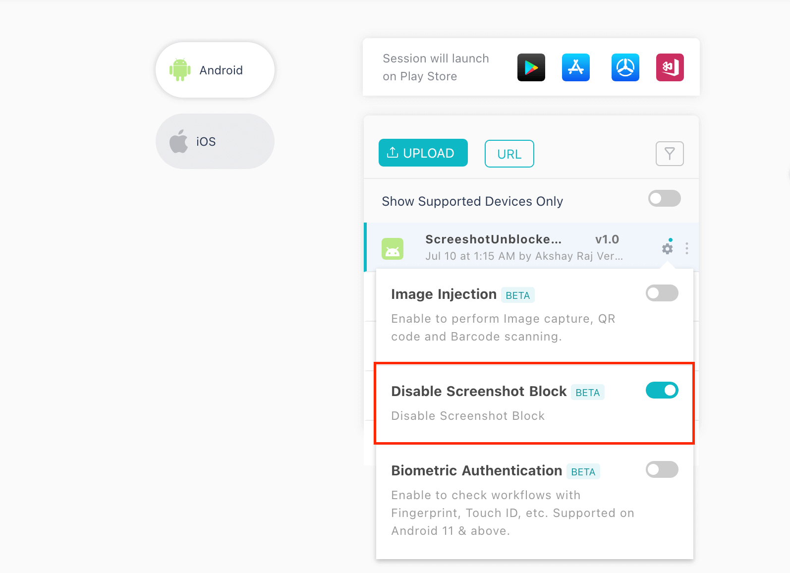 Disable Screenshot Block for Android Testing