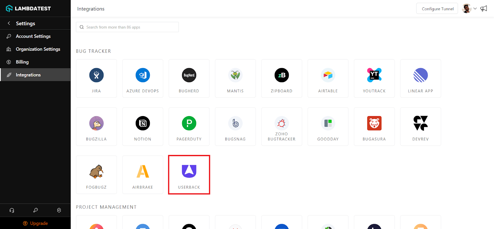 integrating LambdaTest with Userback