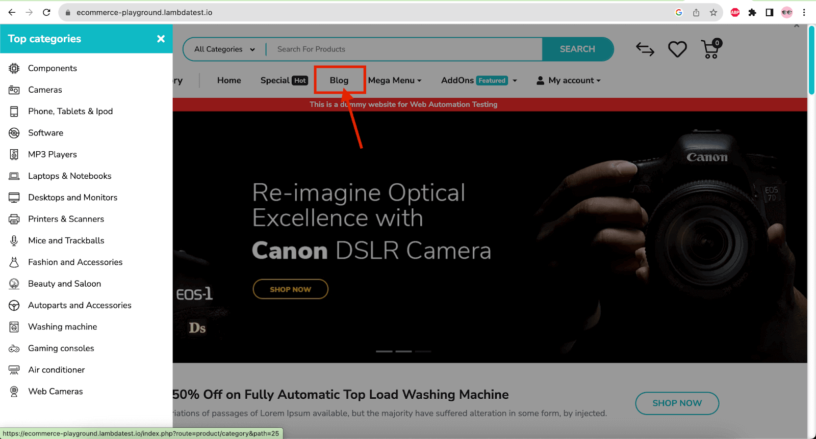 LambdaTest eCommerce website Blogs menu