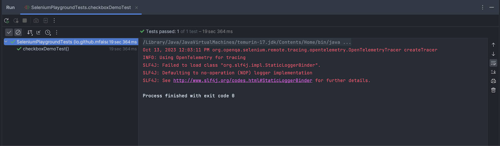 Screenshot of the test execut