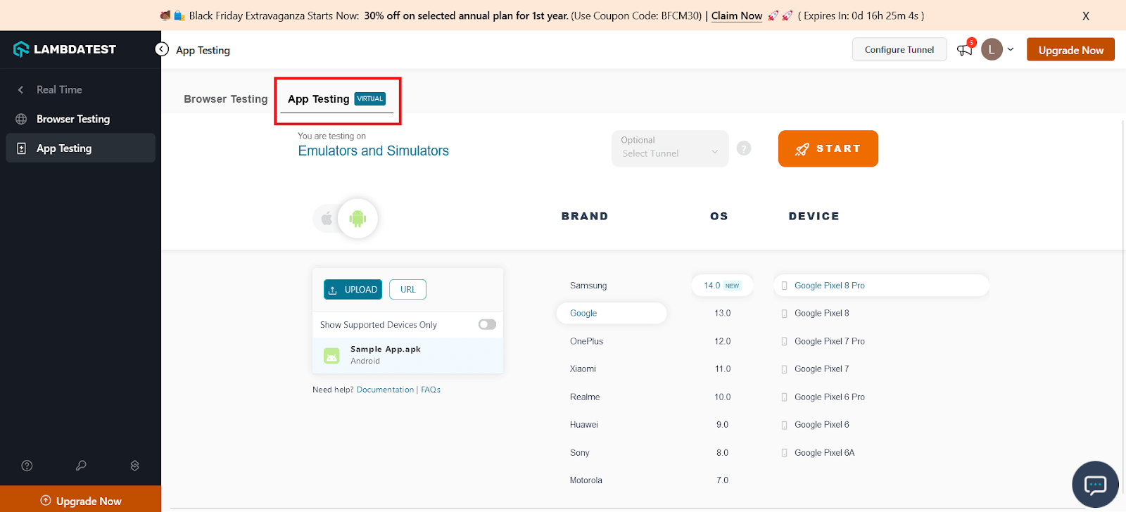 Realtime Testing option and navigate to the App Testin Realtime Testing option and navigate to the App Testin