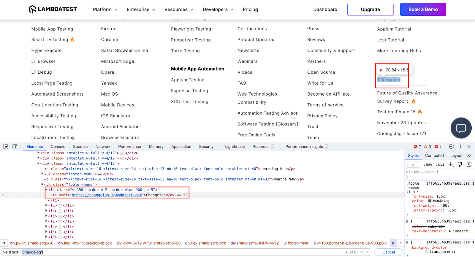 identifies the Changelog WebElement identifies the Changelog WebElement