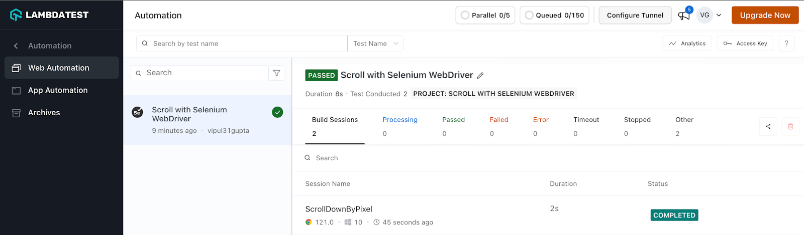 LambdaTest dashboard result LambdaTest dashboard result