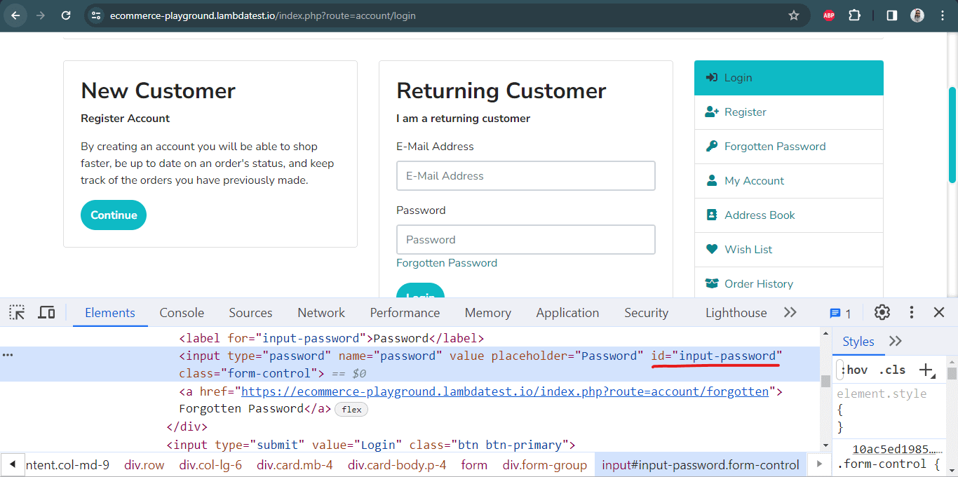 Password field has the ID locator “input-password” attached.
