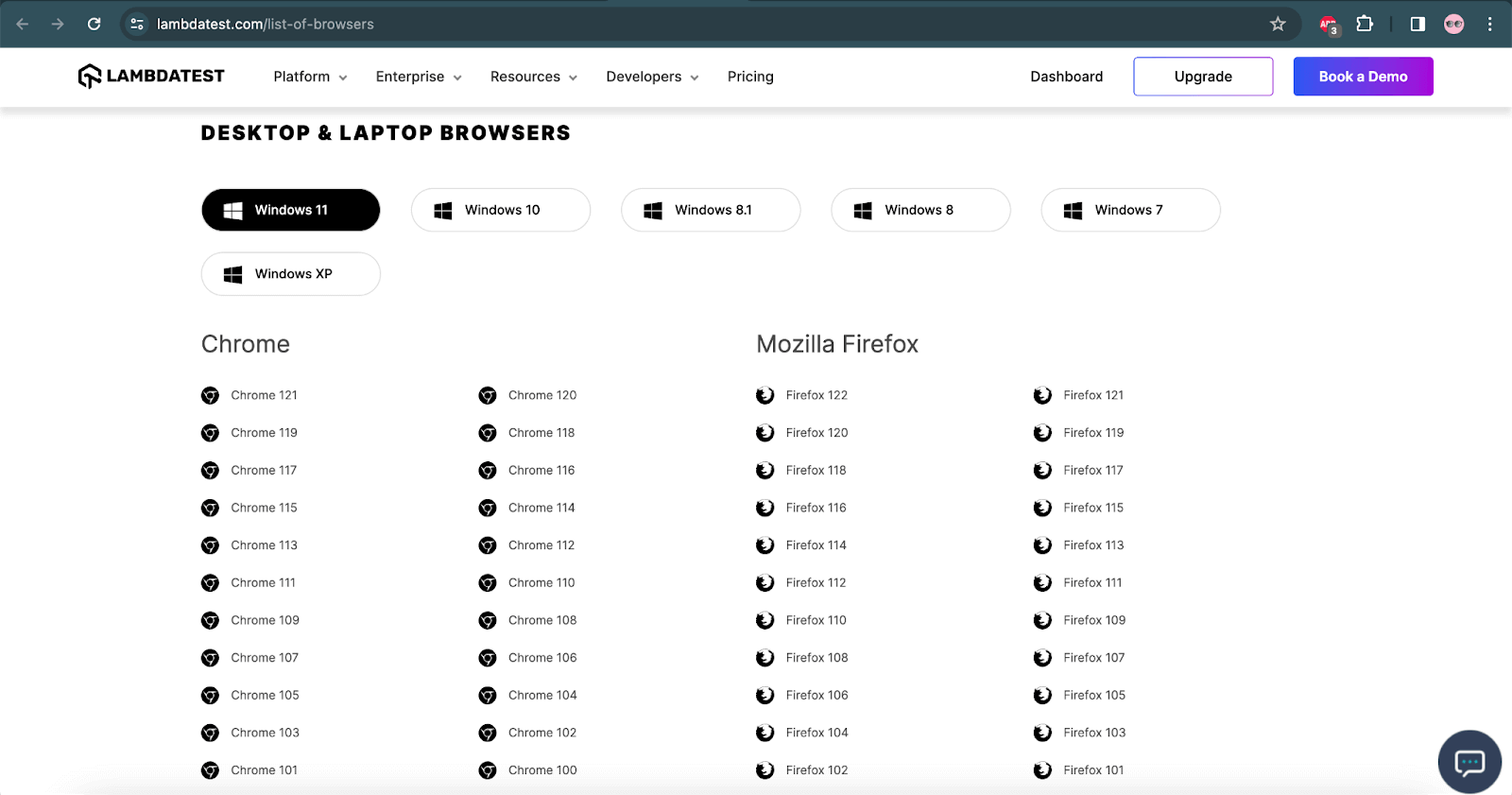 lists of browsers supported by LambdaTest