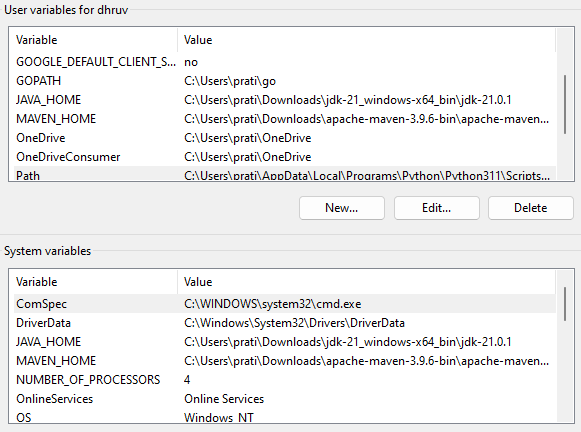 newly created Java variable under ‘System Variables’