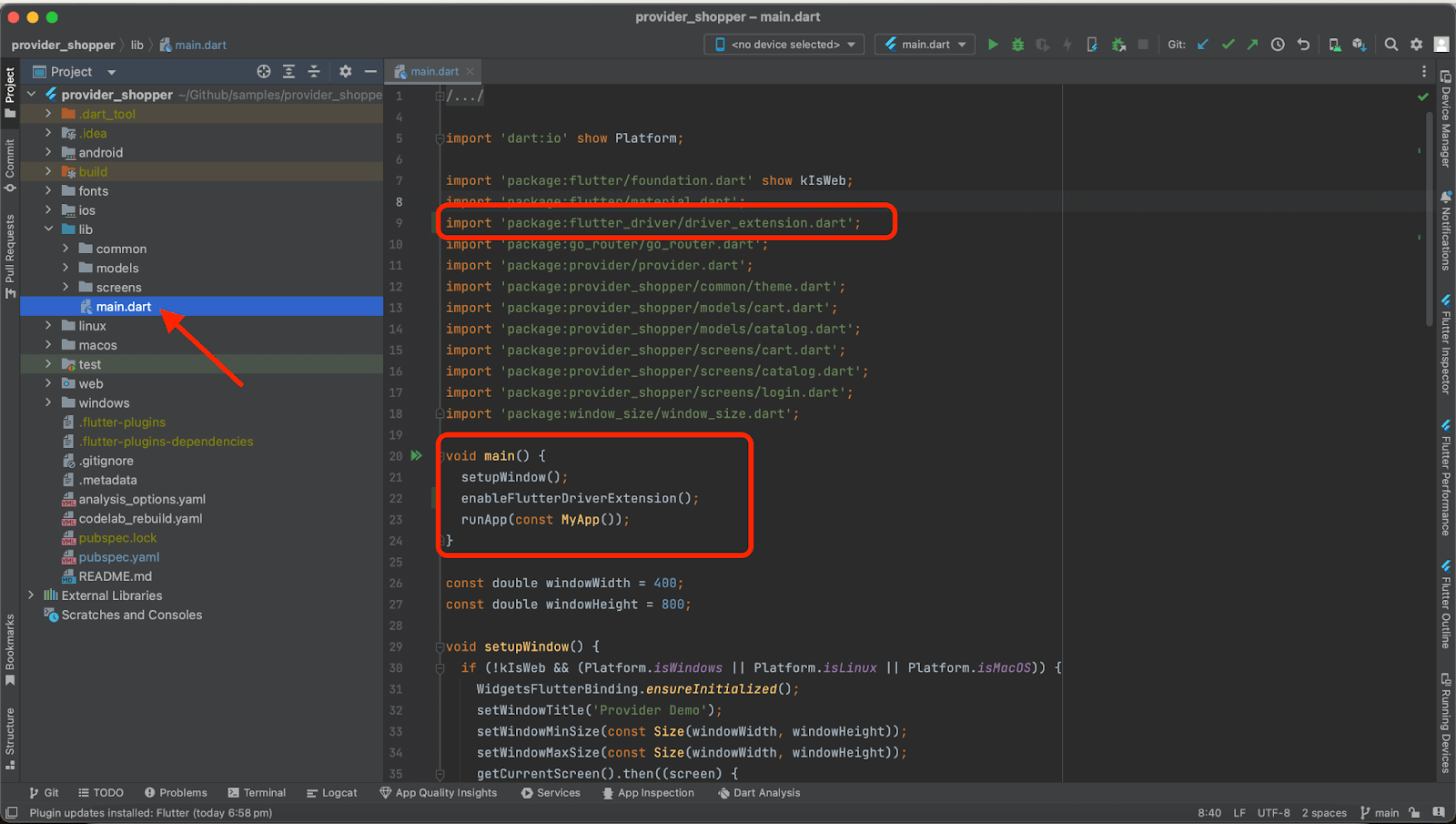 screenshot of the main.dart file 