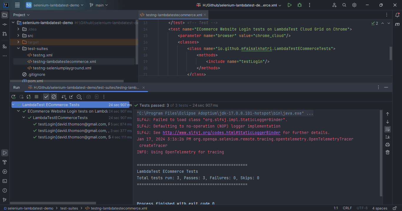 successful test execution on IntelliJ