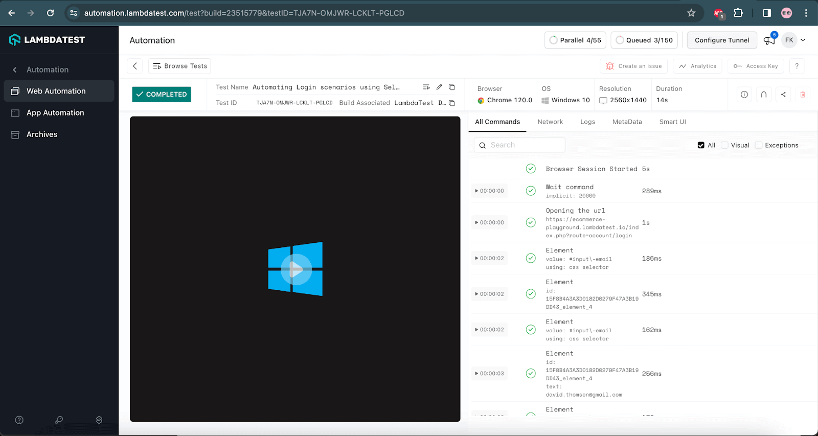 tests and the corresponding browser configurations