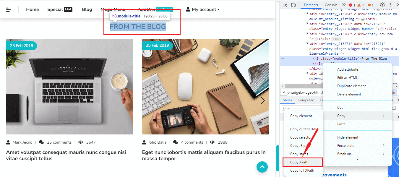“FROM THE BLOG” element on the UI using XPath