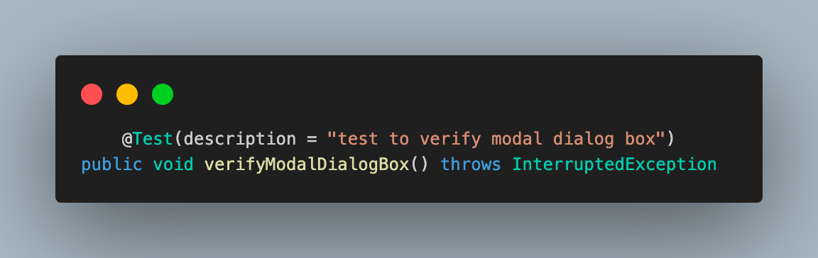 Add the test case as verifyModalDialogBox() Add the test case as verifyModalDialogBox()