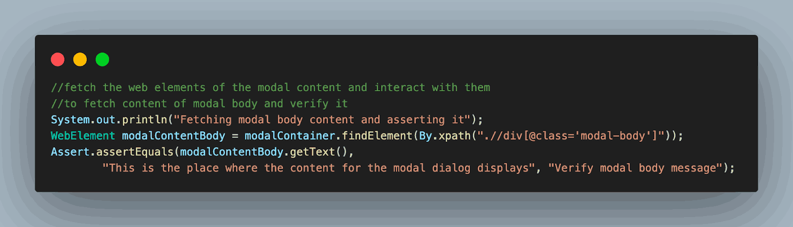 fetch and assert the content body of the modal dialog box. fetch and assert the content body of the modal dialog box.