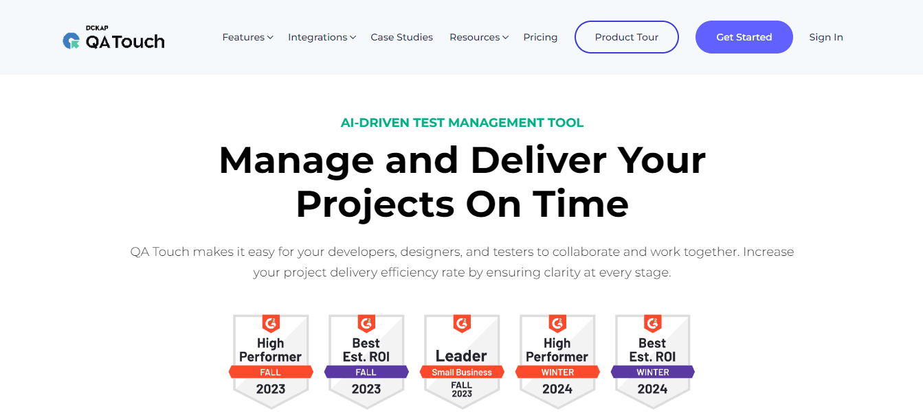 QATouch test management tool showing project overview, test case tracking, and defect management interface