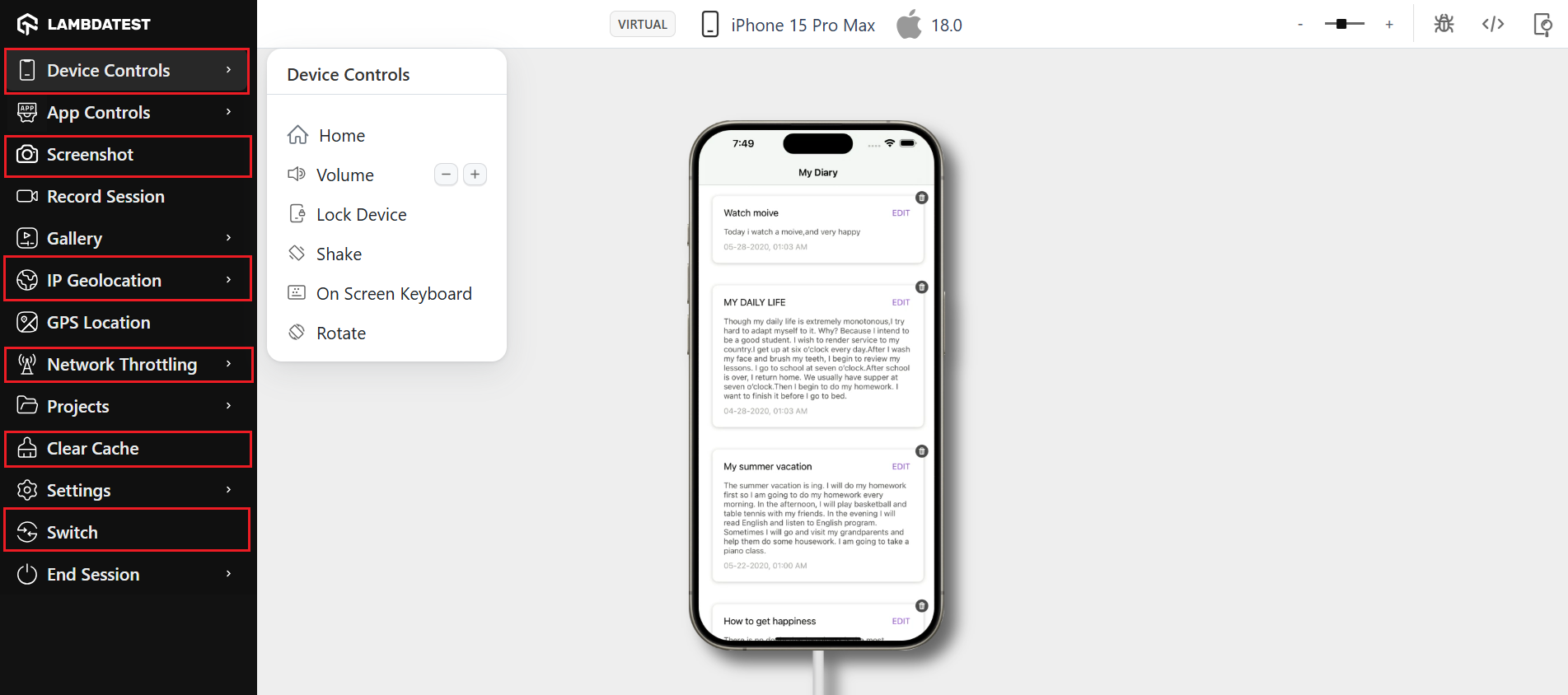 perform various actions on the iOS simulator perform various actions on the iOS simulator