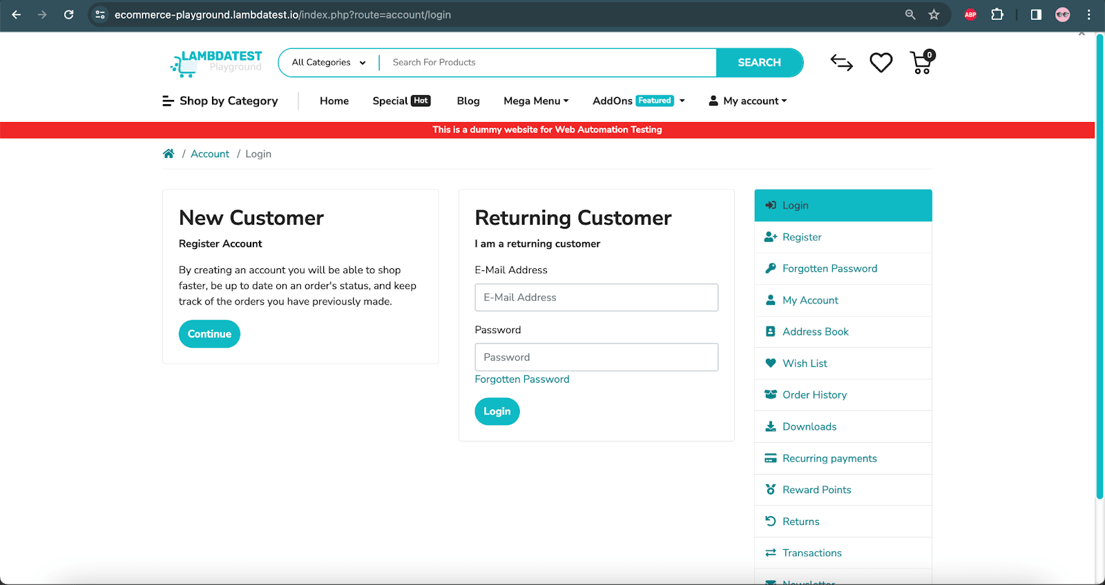 Login Page - LambdaTest eCommerce Playground Website Login Page - LambdaTest eCommerce Playground Website