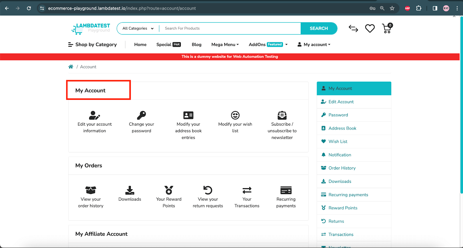 My Account Page - LambdaTest eCommerce Playground Website My Account Page - LambdaTest eCommerce Playground Website