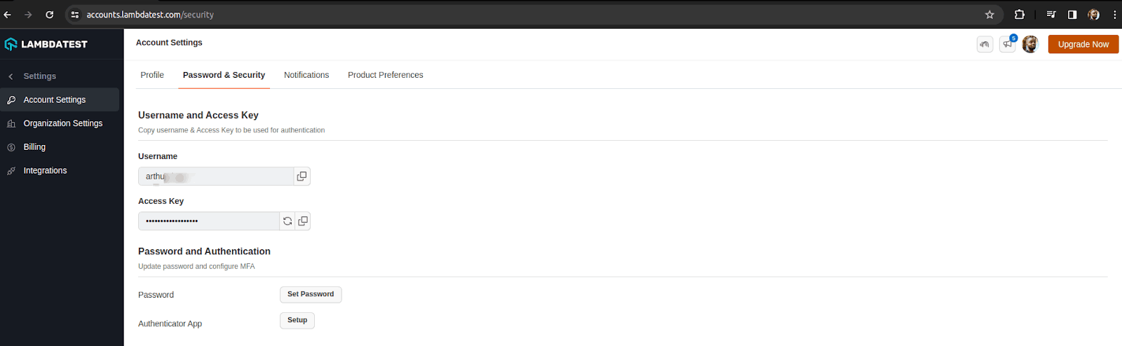 lambda test dashboard password and security tab