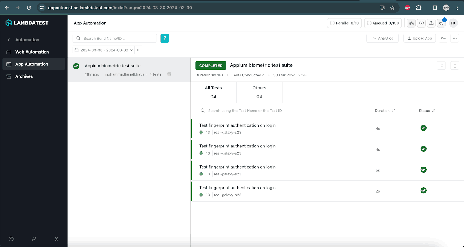 LambdaTest Dashboard displaying test execution details including platform, version, device name, test name, duration, and status LambdaTest Dashboard displaying test execution details including platform, version, device name, test name, duration, and status