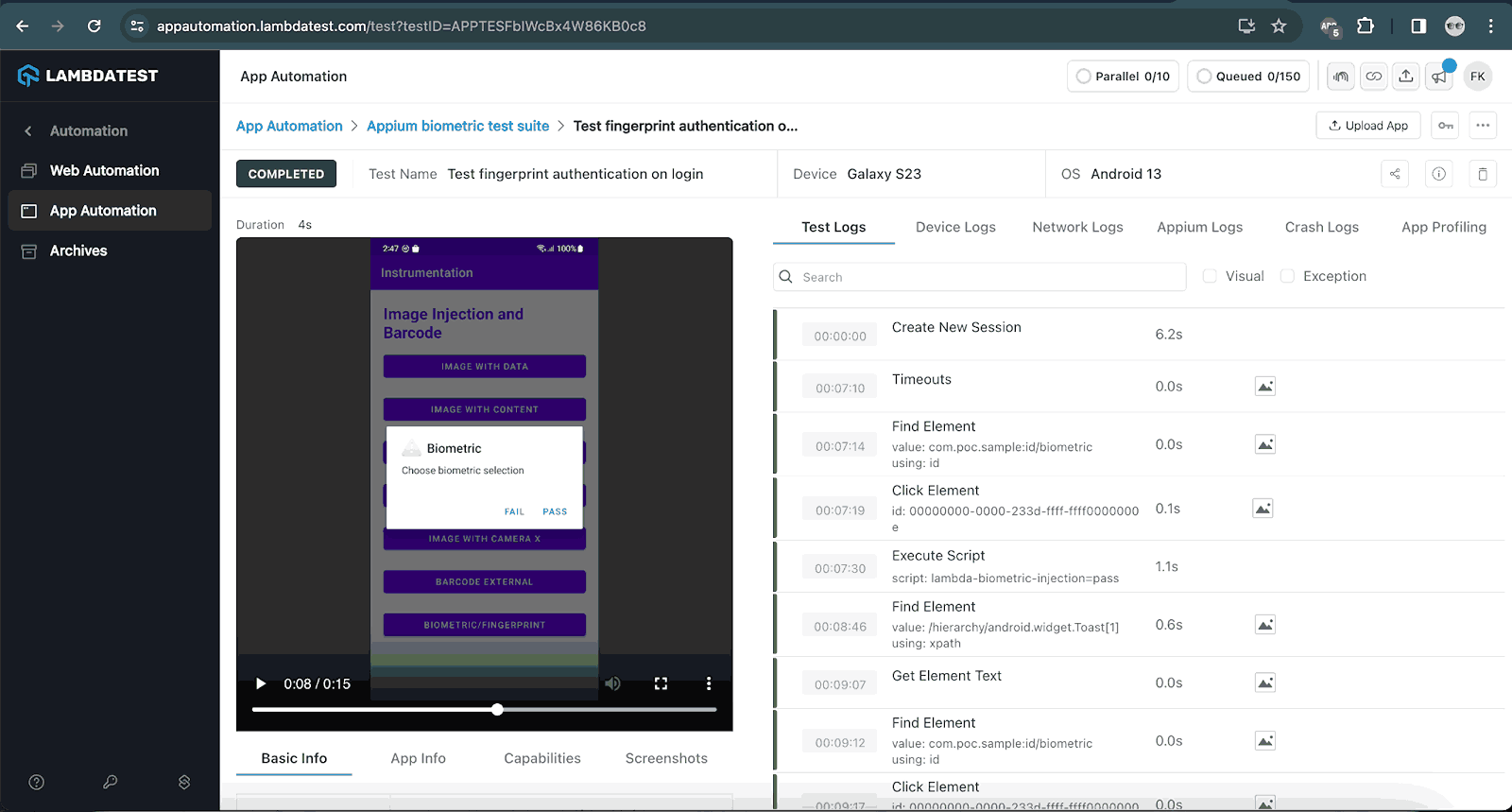 LambdaTest build details screen showing test logs, network logs, Appium logs, device logs, and video recording of test execution LambdaTest build details screen showing test logs, network logs, Appium logs, device logs, and video recording of test execution