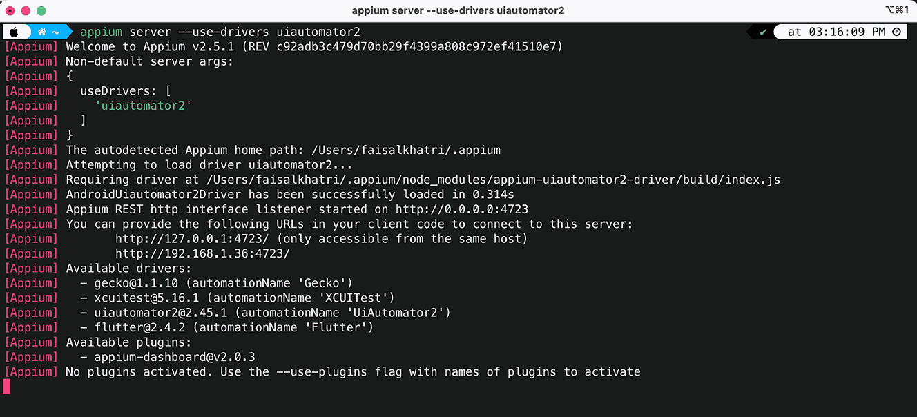 Terminal command to start Appium server with UIAutomator2 driver for local Android testing Terminal command to start Appium server with UIAutomator2 driver for local Android testing