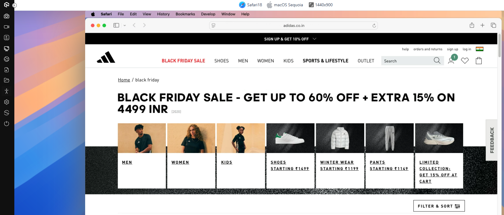  Real time testing of Adidas website on LambdaTest