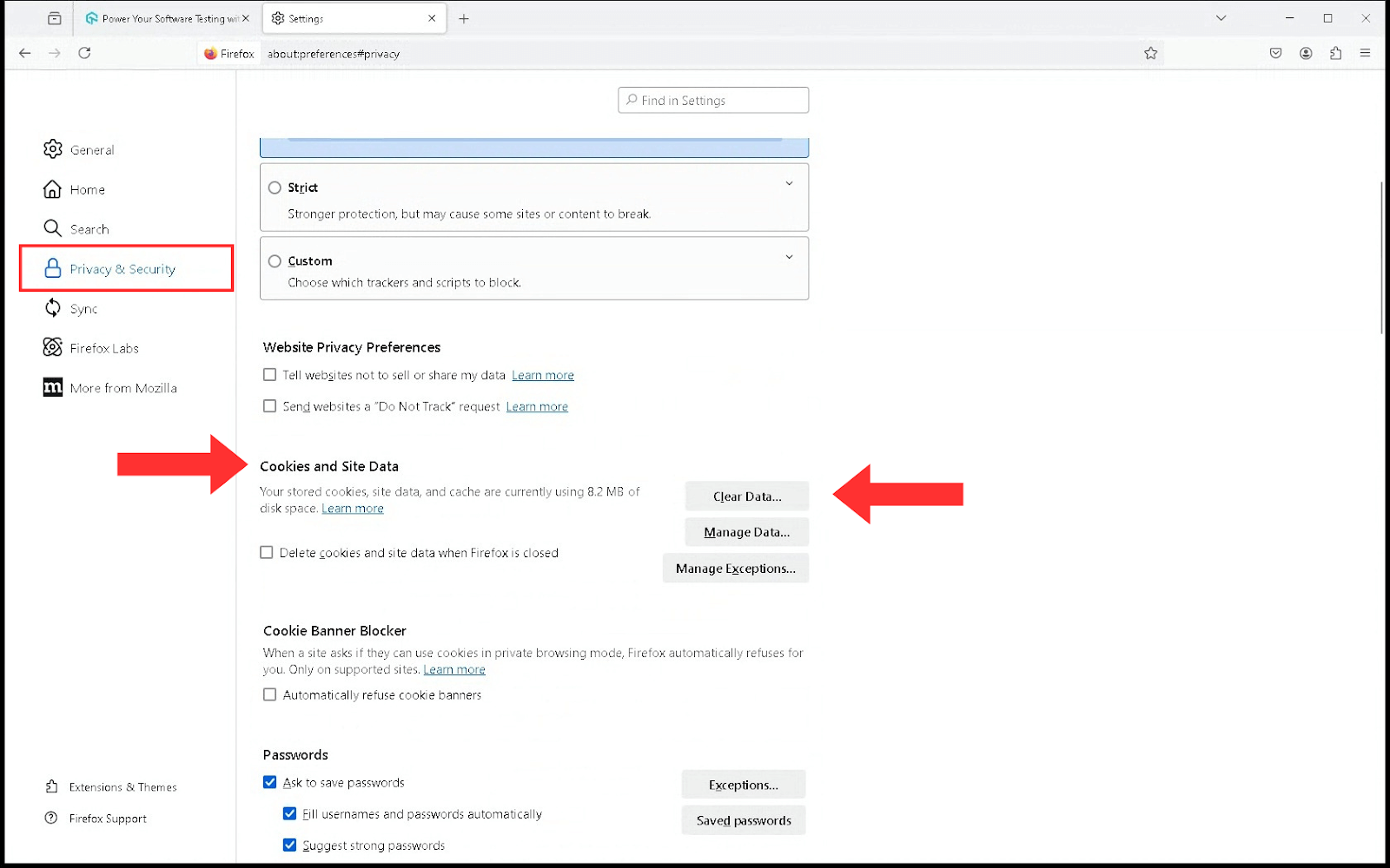 Privacy &amp; Security on the left panel