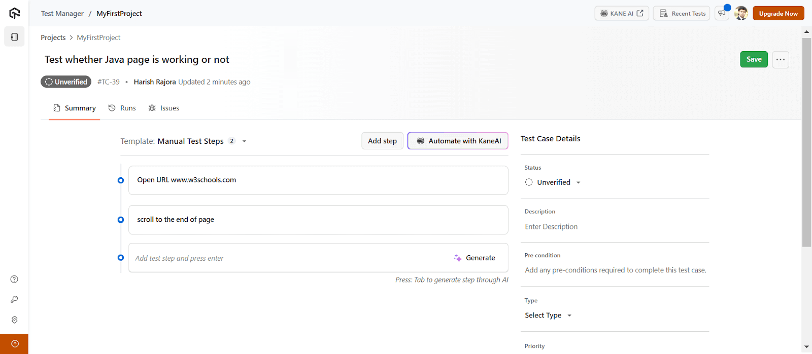 Add test steps in natural language Add test steps in natural language