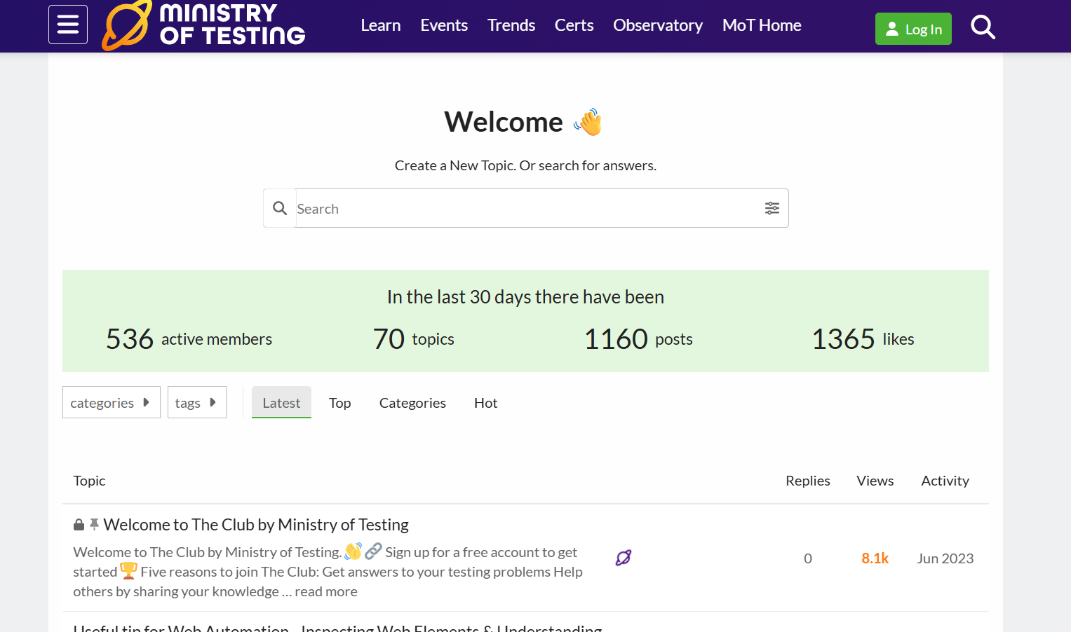 Ministry of Testing Community home page