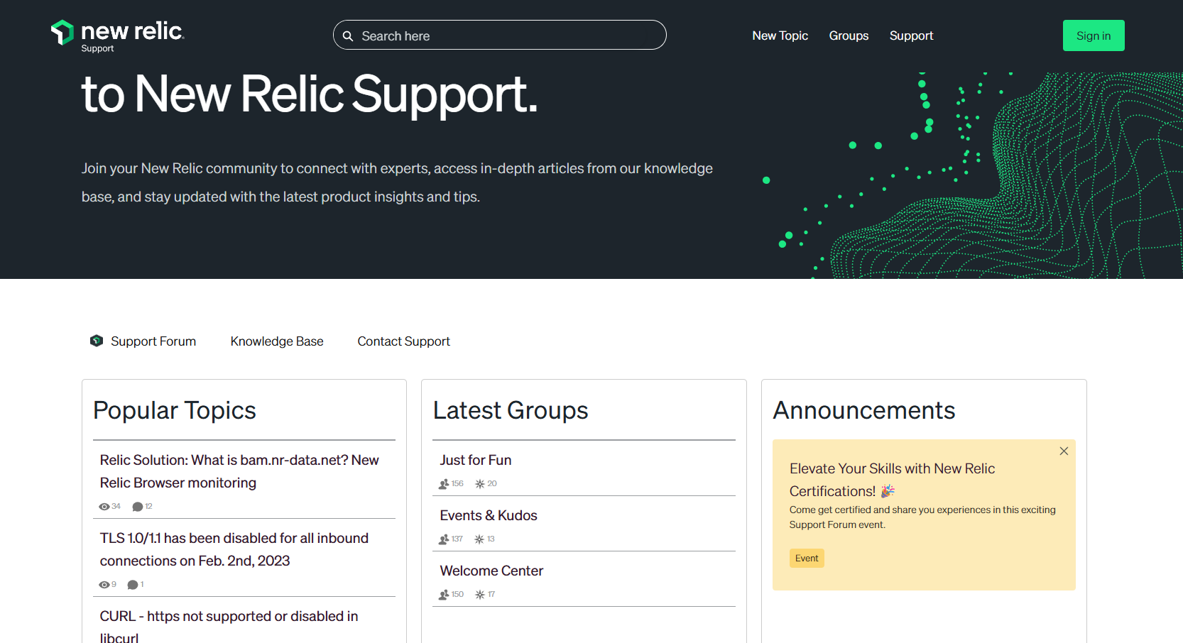 New Relic Support Forum home page