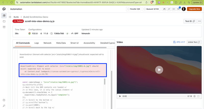 Cypress test that results in an exception