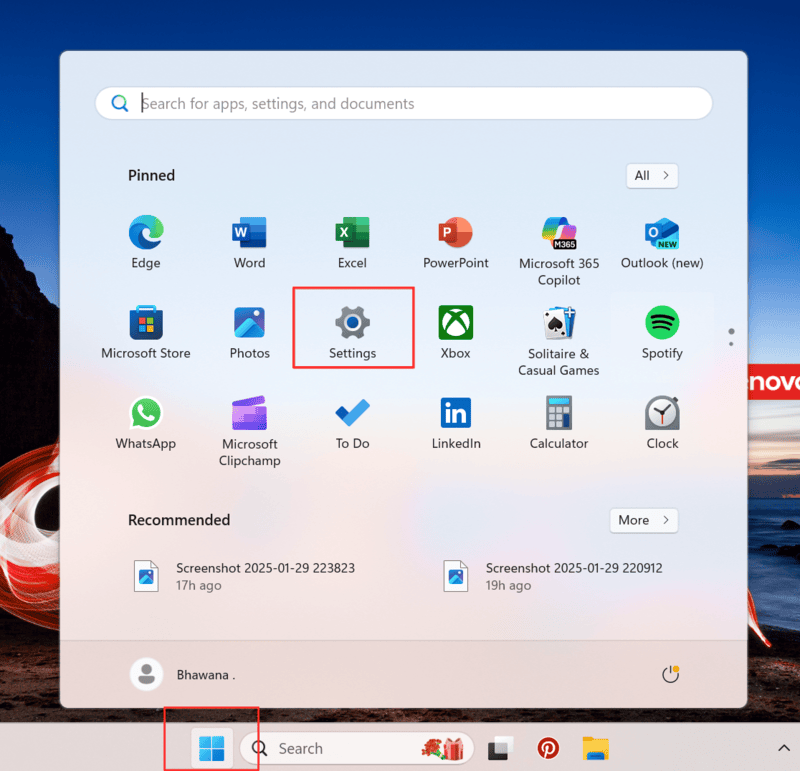 Start menu and select Settings