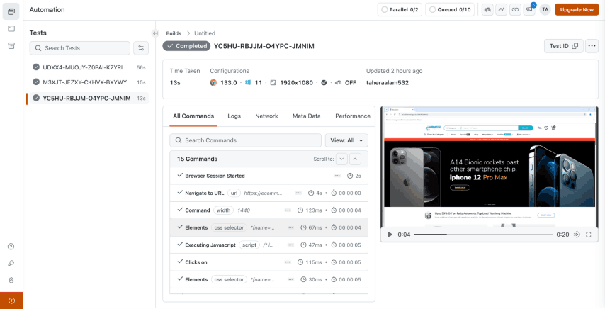 test execution results directly from the LambdaTest Web Automation dashboard test execution results directly from the LambdaTest Web Automation dashboard