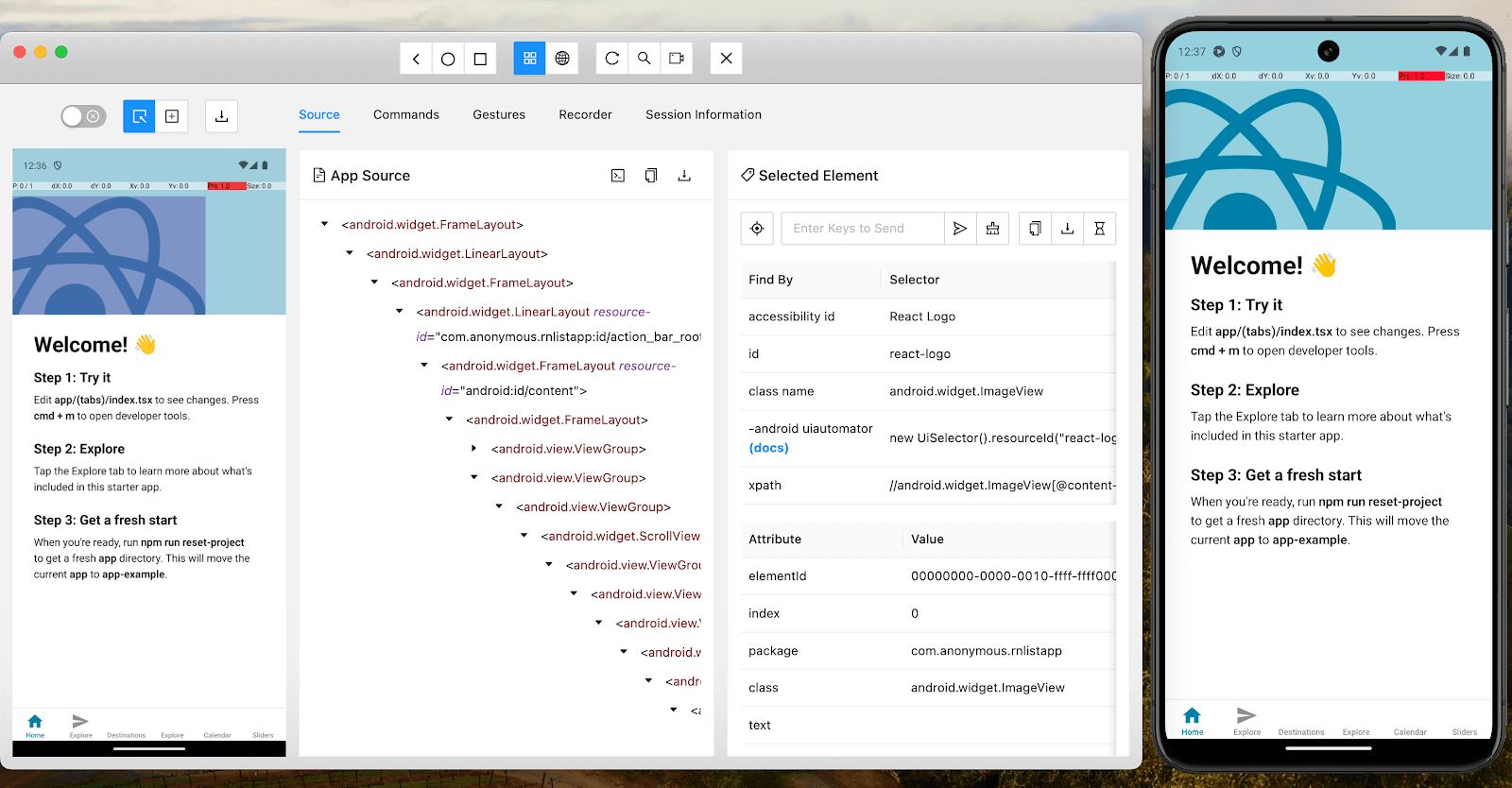 attributes are being mapped in the Android app using Appium Inspector