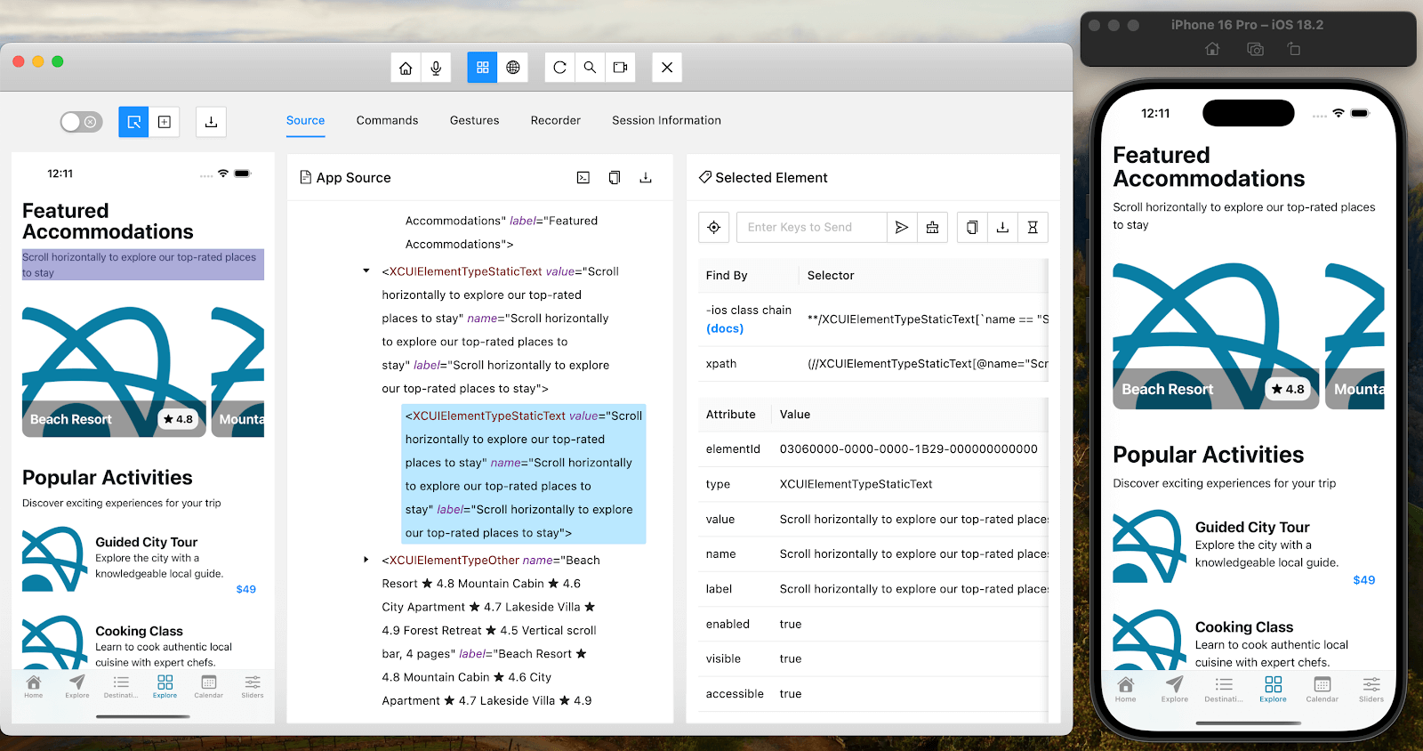 Appium Inspector presents the parent element and child elements in the DOM