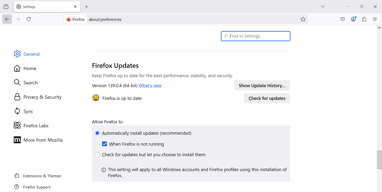 Firefox Updates section