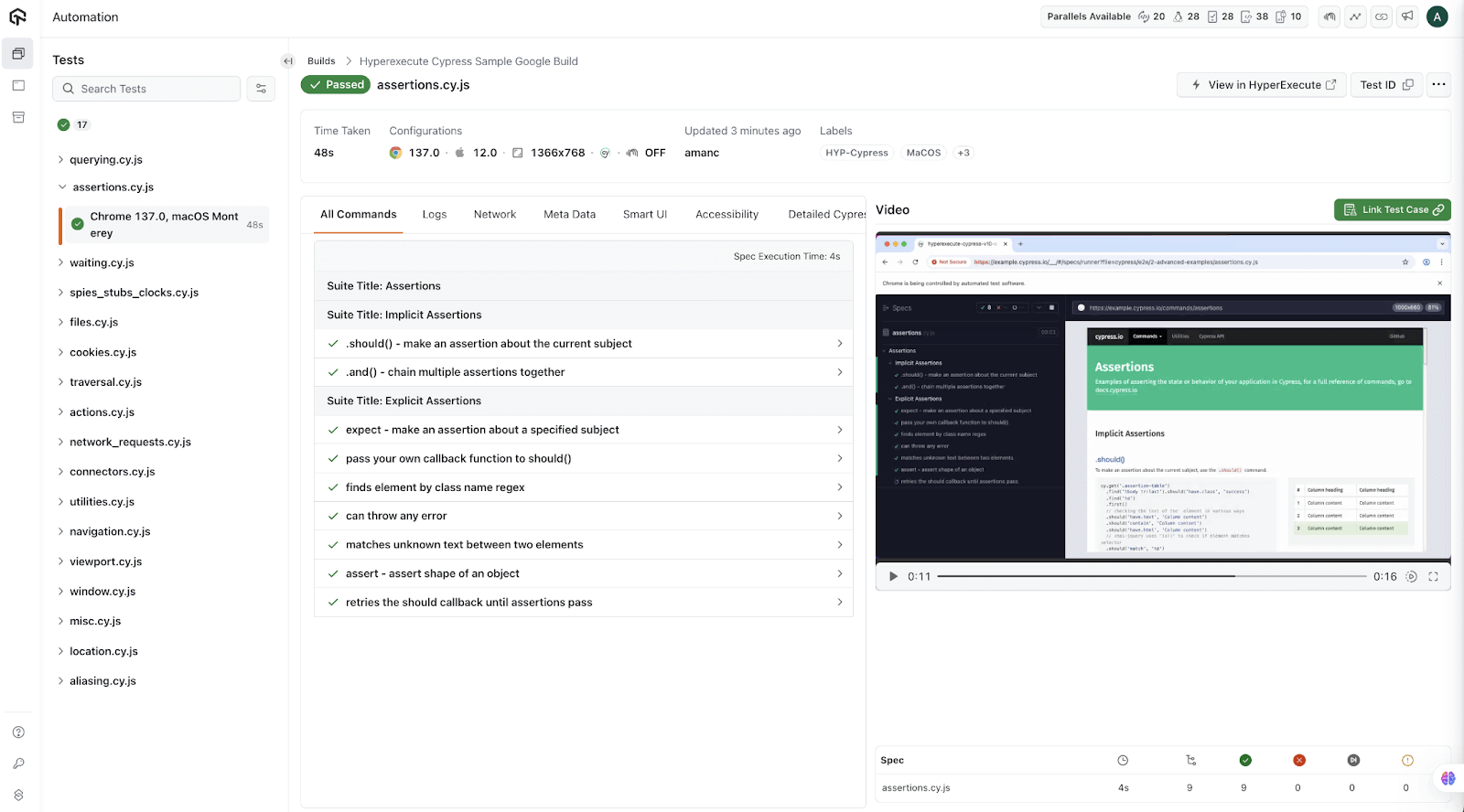 Track Cypress Build Status with Left-Side List View