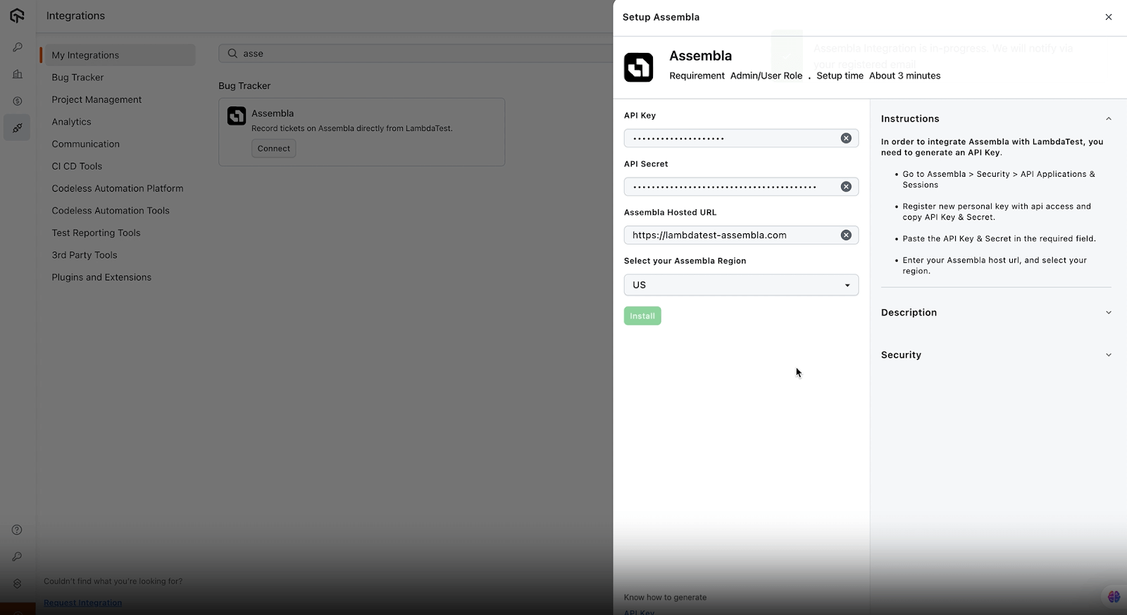 logged into Assembla with key details