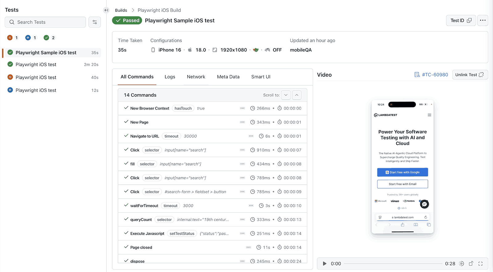 Playwright test automation on real iOS device LambdaTest Dashboard