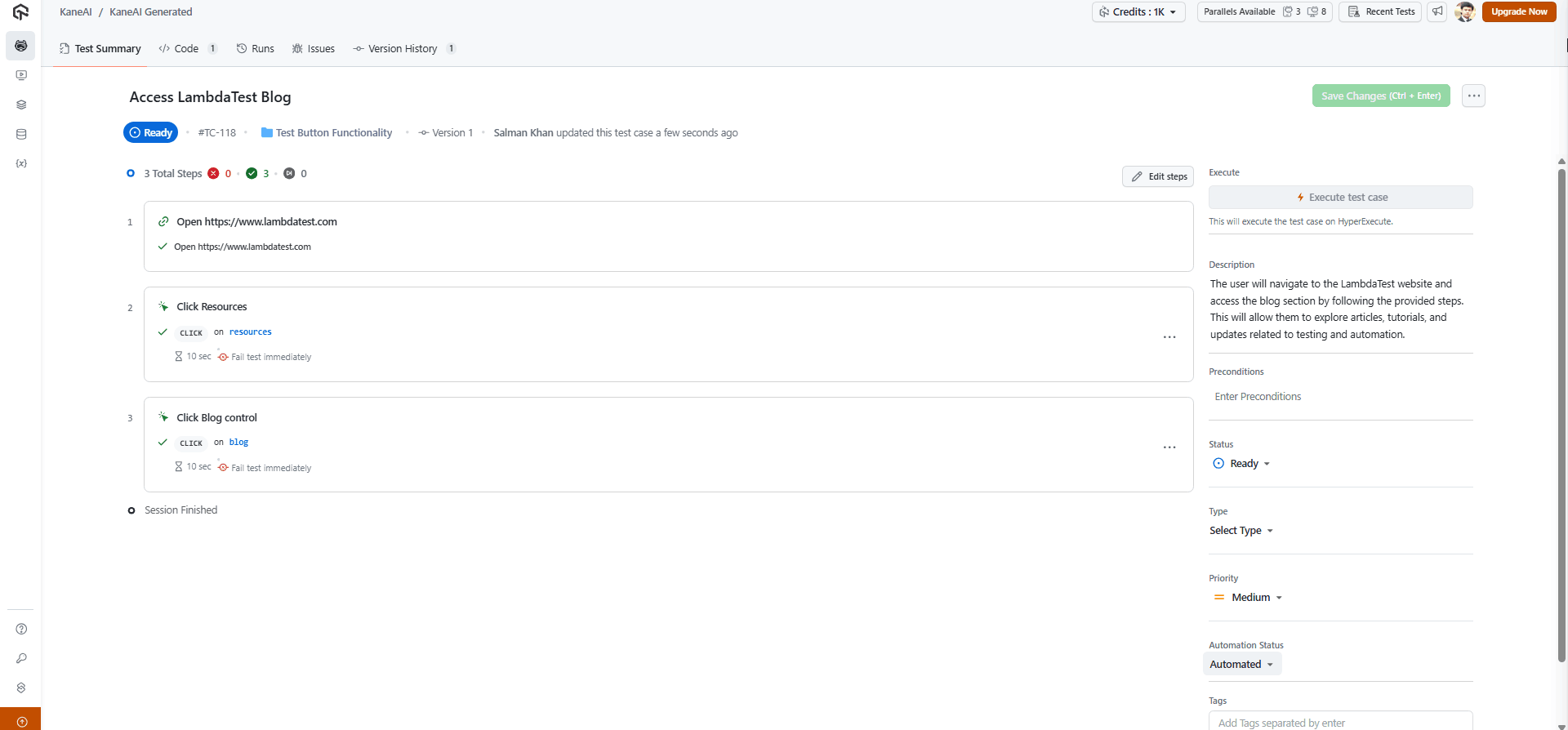 KaneAI Test Summary KaneAI Test Summary