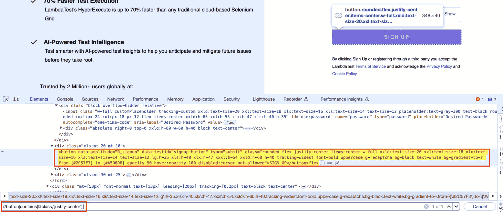 XPath for LambdaTest Sign Up button