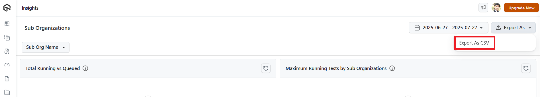 Sub Organization Reports CSV in Test Manager