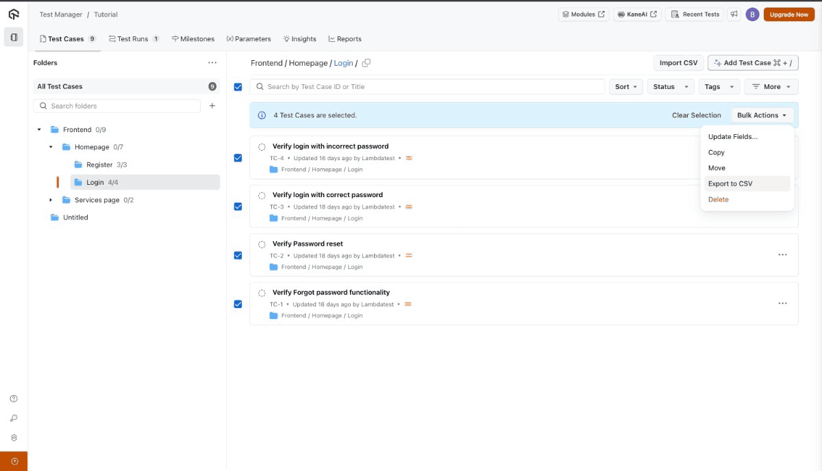 Export Test Cases in Test Manager